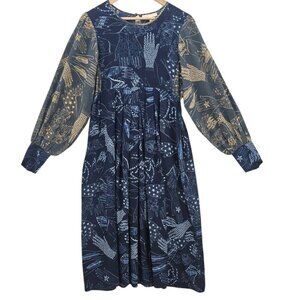 Zakee‎ Shariff Womens 12 Silk Henna Hands Puff Sleeve Midi Dress